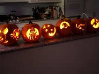 Halloween Highjinks 2017-121  The Pumpkin Carving Contest - In order, Spencer, Ron, Rachel, Scot, Sean, Kim (and Mona made a Honey Pot for Pooh)